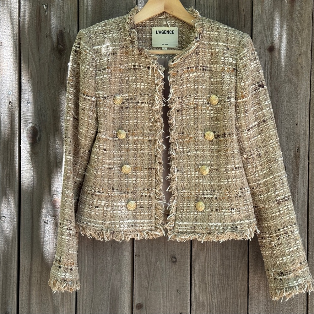 L'AGENCE Tan Tweed Collarless Blazer